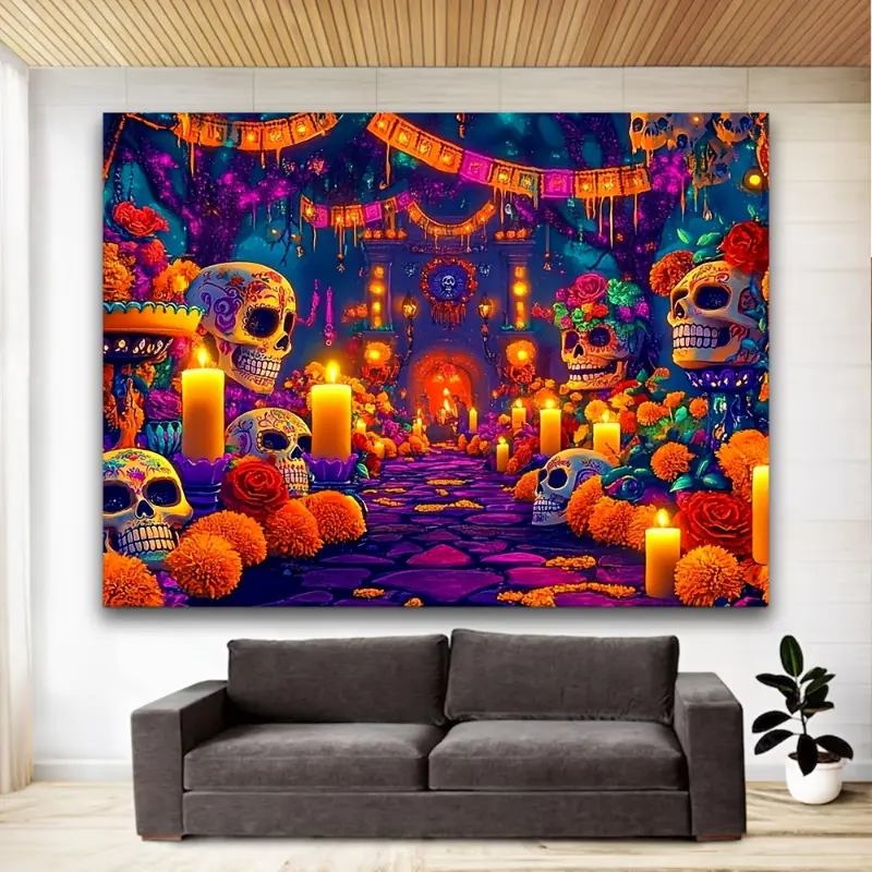 Tapestry 1pc Dia de los Muertos Backdrop - Vibrant Purple, Orange, Pink, Blue, Yellow, Green, Red, Black, White - Sugar Skulls, Floral Patterns - Easy Setup Party Decoration for Day of the Dead, Halloween, Mexican Fiesta - Indoor/Outdoor Us