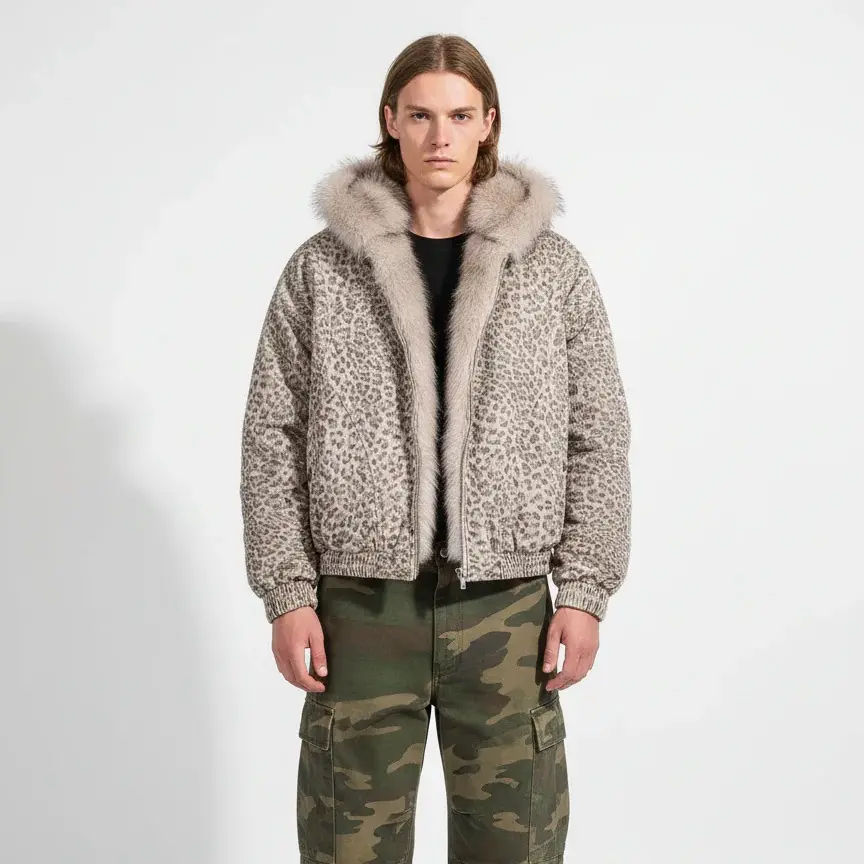 Thesupermade Cotton Cheetah Print Mink Fur Hooded Jacket - 2270 Thesupermade Cotton Cheetah Print Mink Fur Hooded Jacket - 2270