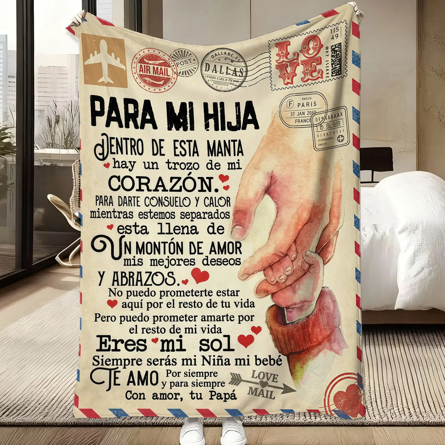Spanish Letter Blanket For My Daughter From Dad, Para Mi Hija Manta Regalo, Heartfelt Sentimental Throw Blanket, Vintage Airmail Flannel Blanket Gift For Birthday Christmas Graduation