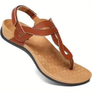 Women's Comfortable Arch Support Sandals - Beige T-Strap Slippers, Corrective Flat Shoes, with Brown Cover Trim, Velcro Closure, Suitable for Casual Wear