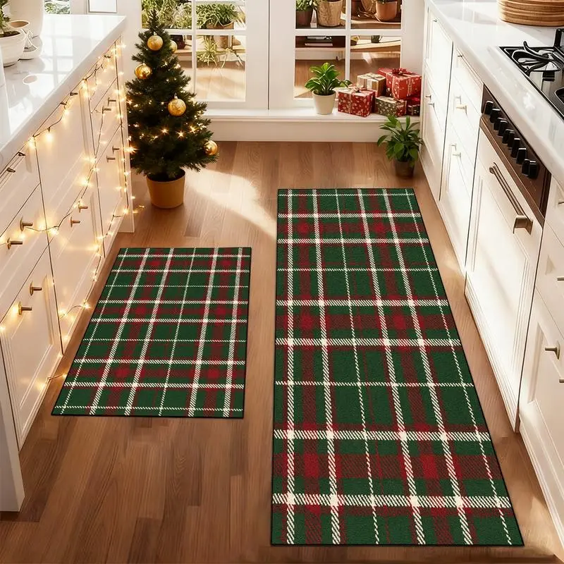 Christmas Retro Plaid Rug, Vintage Runner Rug, Living Room Welcome Mat, Washable Easy Clean Fuzzy Carpet, Holiday Home Decor