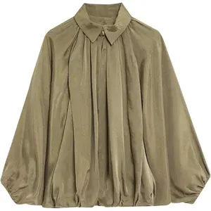 Puffed Bomber Jacket Oversized Lapel Collar Streetwear Coat Long Casual Batwing Sleeve Zip Pleated Shirts