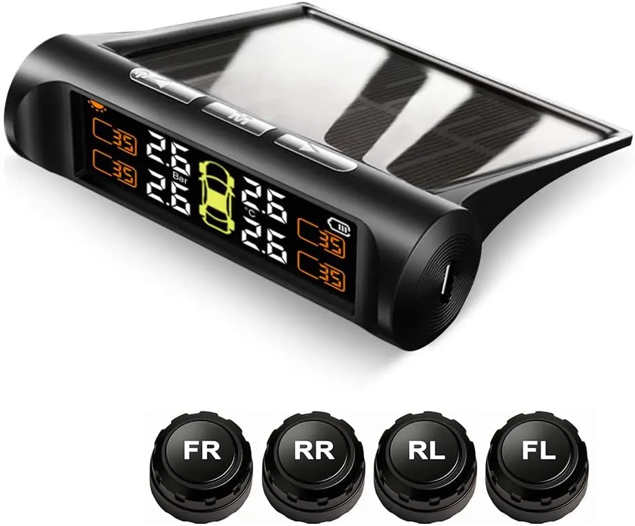 Tire Pressure Monitoring System TPMS, Solar Power Universal Wireless Car Alarm with 4 External Sensors, LCD Real-Time Display, Monitors Tire Pressure & Temperature Alerts for Safe Driving (Red)