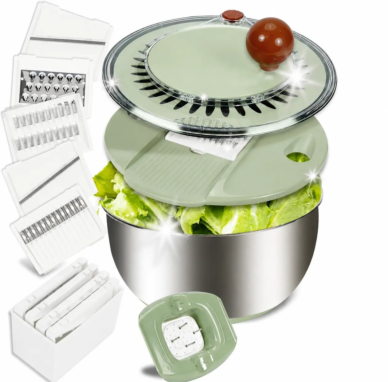 Stainless Steel Salad Spinner Large with 5 Blades Slicer, Lettuce Washer Spinner and Dryer, Vegetable Fruits Chopper Bowl, Egg Yolk Strainer Comes with Dipping Saucers and Clip, 5.3Qt