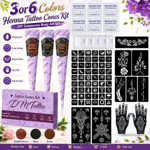 Henna Tattoo Kit 3/6 Colors, DIY Body Art Set with Stencils, Waterproof Temporary Ink, Natural Safe Formula for Party Festival Use