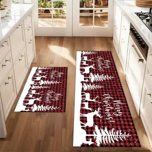 2pcs Christmas and New Year printed kitchen rug Christmas and New Year at Buffalo Plaid. Floor Mat Set Farmhouse Kitchen Rug Dining Room Flooring Laundry Room Decor Carpet Mat