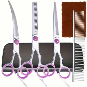 1 Set Professional 6-In-1 Right-Handed Canine Grooming Scissors Kit with Curved Shears, Stainless Steel Comb, Pet Hair Trimming Tools for Dogs And Cats