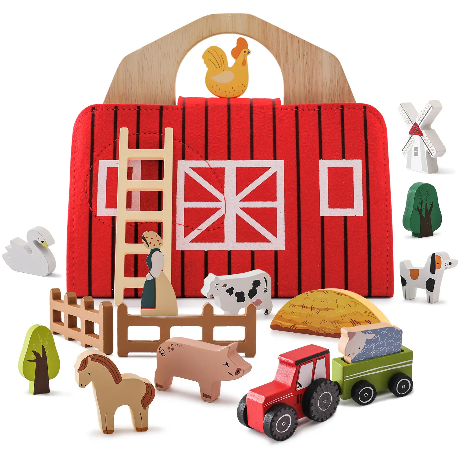 Wooden Farm Animals Barn Playset - Montessori Early Learning Educational Portable Toy for 3-5 Year Olds, Ideal Birthday Gift