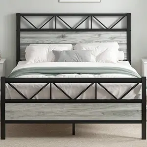 Wooden  Frame  Tall Headboard, Metal Platform  Frame  Headboard And Footboard, Under- Storage, Easy Assemble, Brown/ Grey, Twin/ Full/ Queen/ King Portable Tent Bed with Mat