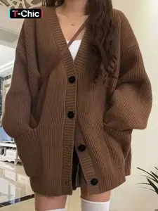 Women's Preppy Style Solid Button Front Drop Shoulder Cardigan, Casual Long Sleeve V Neck Knitwear for All Seasons, Ladies Knit Clothing for Daily Wear Knitting