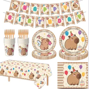 New 7-Piece Capybara Party Tableware Set, Water Buffalo Animal Paper Plates Napkins Tablecloth, Cartoon Birthday Party Decoration