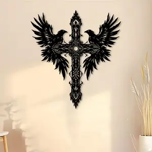 Celtic Cross and Raven Metal Wall Sculpture, Western Wall Art, Iron Outdoor Symbolic Wall Decor, Celtic Knot and Bird Design, Ideal Christmas Gift