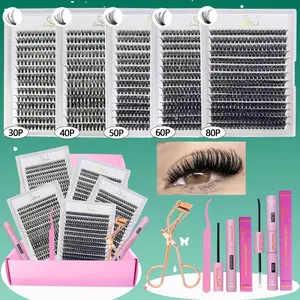 Natural Look DIY Eyelash Extensions Kit, 5 Boxes with Glue, Eyelash Bond & Tweezers & Glue Remover & Brush &, Professional Eye Makeup Accessories, Cosmetic, Eyelash Extensions Set