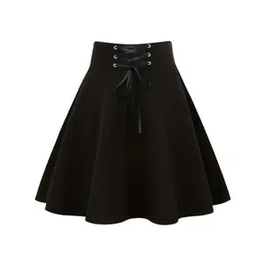 Women'S Gothic Lace-Up Mini Skirt, High-Waisted, Short Length, Flared Hem, Polyester 95%, Elastane 5%, Solid Color, Zipper Detail, Woven, Regular Fit for Spring/Summer/Fall
