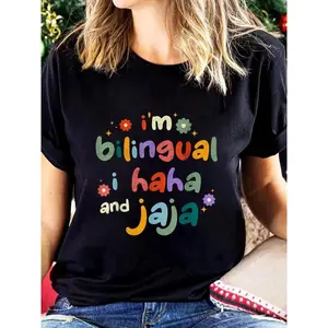 Spanish Teacher Men Women I'm Bilingual I Haha And Jaja T-Shirt Print Cotton Women T Shirt, Short Sleeve Round Neck Casual Top For Summer & Spring, Women's Clothing