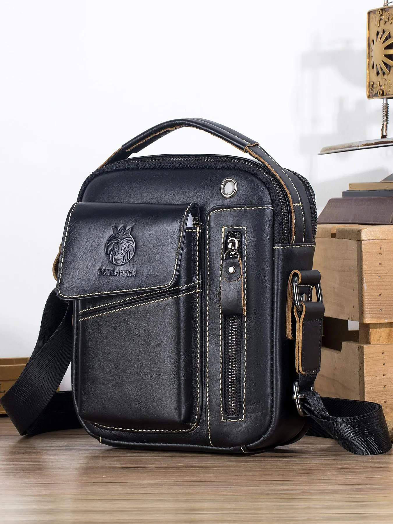 Men's Genuine Leather Shoulder Bag, Thickened Large Capacity Zip Crossbody Bag, Vintage Small Handbag, Gift for Men, Travel Essentials