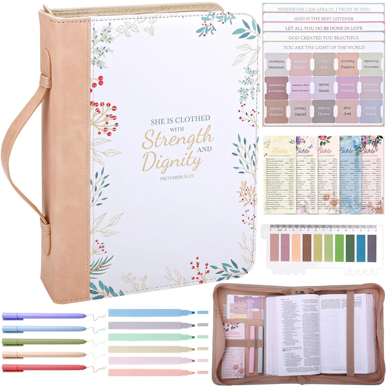 24 Pcs Leather Bible Covers Kit, Study Case with Bookmarks, Tabs, Highlighters, Large Cover Case Church Bible Holder Christian Gifts for Women