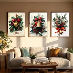 3pcs Christmas Bell Canvas Art Wall Poster, Wooden Frame Holiday Atmosphere Decor, Living Room Bedroom Hanging Painting Background, Modern Home Decor
