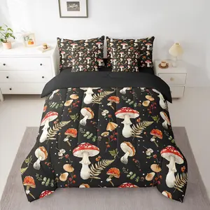 Mushroom Comforter Set,7 Piece Leaf Pattern Bed in a Bag,Adults Cartoon Mushrooms Bedding Set,Kawaii Fungus Red Bed Set