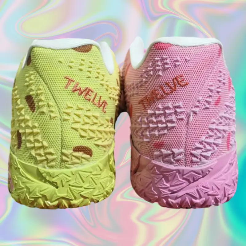 Mismatched Pink Lemon Yellow Textured Knit Mesh Low Top Basketball Shoes Fruit Print Non Slip Cushion Rubber Outsole Lightweight Sports Training Sneakers