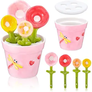 Flower Measuring Spoons Set in Pot - Ceramic Baking Measuring Spoons with Holder for Dry & Wet Ingredients - Cute Flower Figurine - 1 Tbsp, 1 Tsp, 1/2 Tsp, 1/4 Tsp -  , Dishwasher Safe()