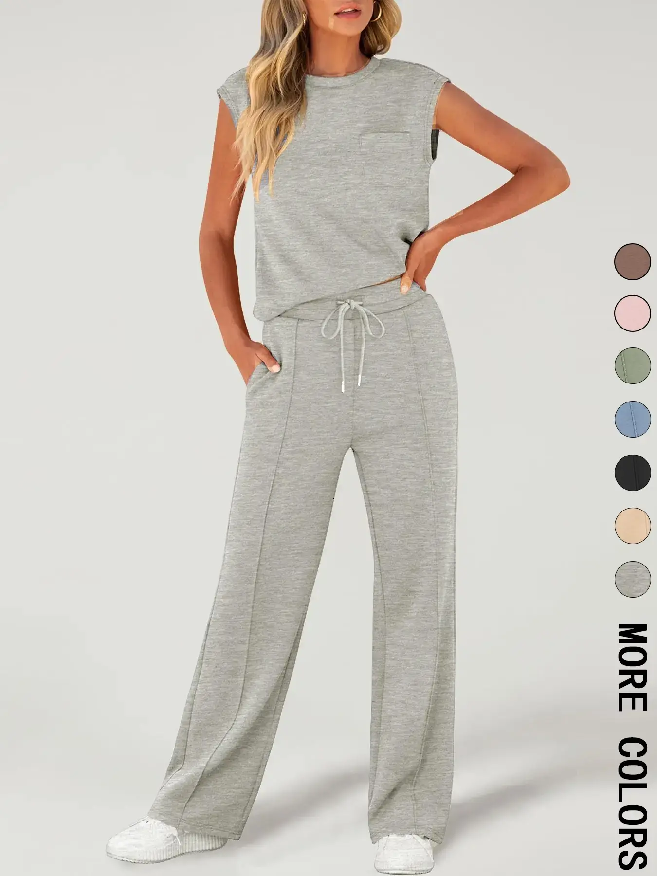 Women's Solid Tank Top & Drawstring Waist Pants Two-piece Set, Casual Sleeveless Round Neck Top & Trousers for Daily Wear, Ladies Two-piece Outfits fo