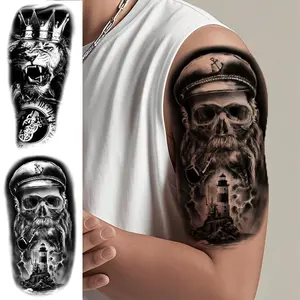 Retro Style Temporary Tattoo Sticker, Creative Skull & Lighthouse Pattern Fake Tattoo Sticker, Body Art Decoration for Men & Women, Halloween