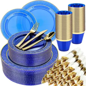 350PCS Clear Blue for 50 Guests, Disposable Dinnerware Set for and Graduation, Includes 100, 50 Pre Rolled with Gold Silverware, 50 Cups