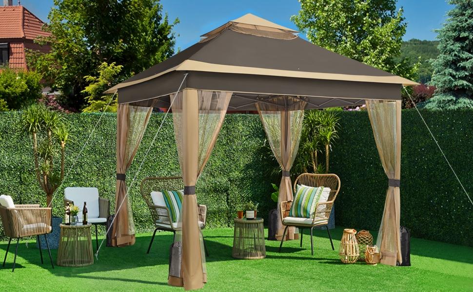 【On Sale】 Yaheetech Pop Up Gazebo Outdoor Canopy Shelter, Instant Patio Gazebo Sun Shade Canopy Tent with 4 Sandbags, Double Tiers & Mesh Netting for Lawn, Garden, Backyard & Deck