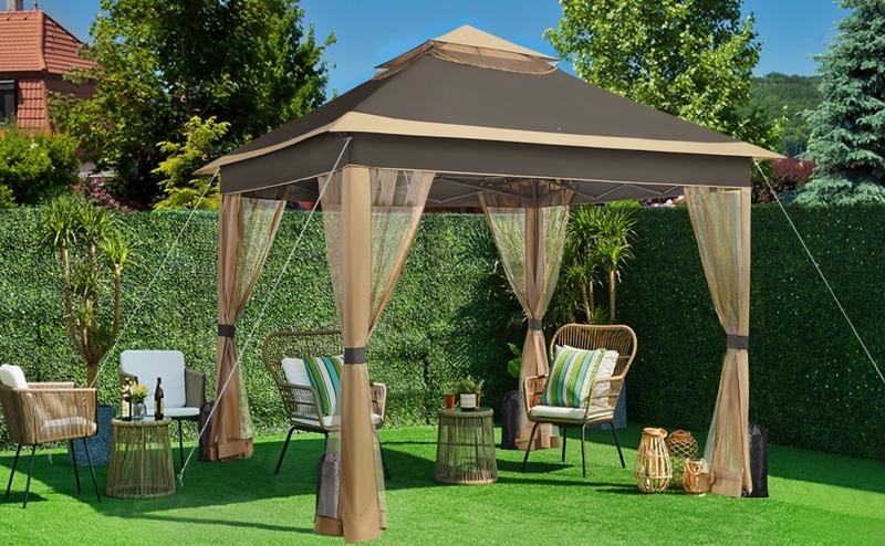 【On Sale】 Yaheetech Pop Up Gazebo Outdoor Canopy Shelter, Instant Patio Gazebo Sun Shade Canopy Tent with 4 Sandbags, Double Tiers & Mesh Netting for Lawn, Garden, Backyard & Deck