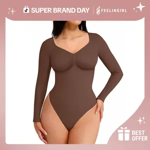 FeelinGirl #LS Stream Women's Long Sleeve Bodysuit for Tummy Control Seamless Body Suits Thong V Neck Going Out Tops Womenswear Springtok