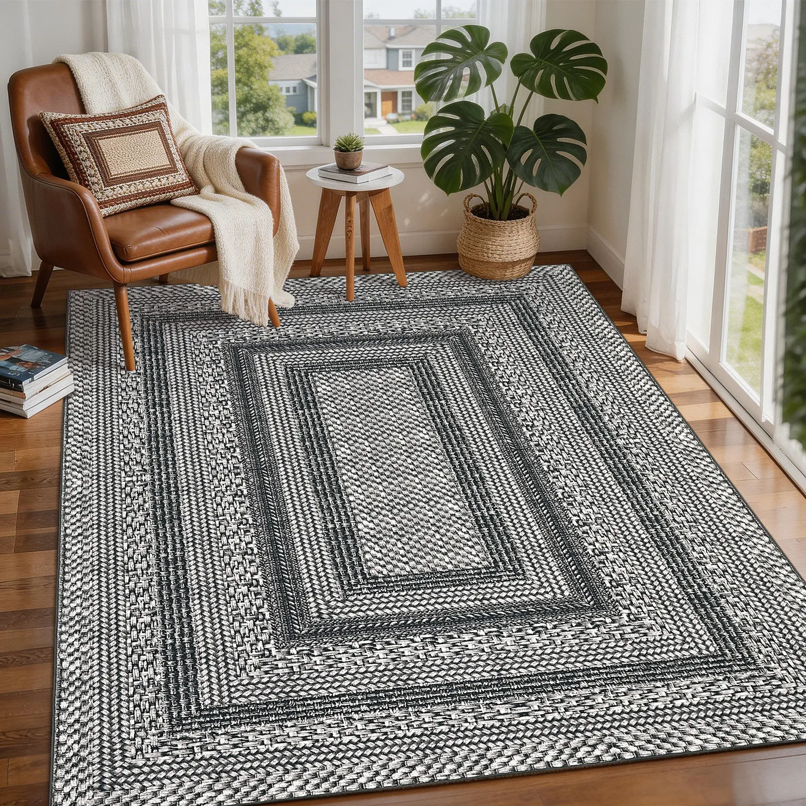 Modern Bordered Entryway Rug Soft Non-slip Low-pile Non-shedding Geometric Print Rug Washable for Bedrooms Dining Rooms Offices Game Rooms Laundry Rooms and Entryways carpet floor decor