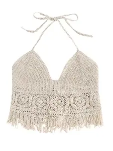 Women's Boho Fringe Backless Halter Tie Neck Underwear Outerwear with Neck, Bikini, Crochet