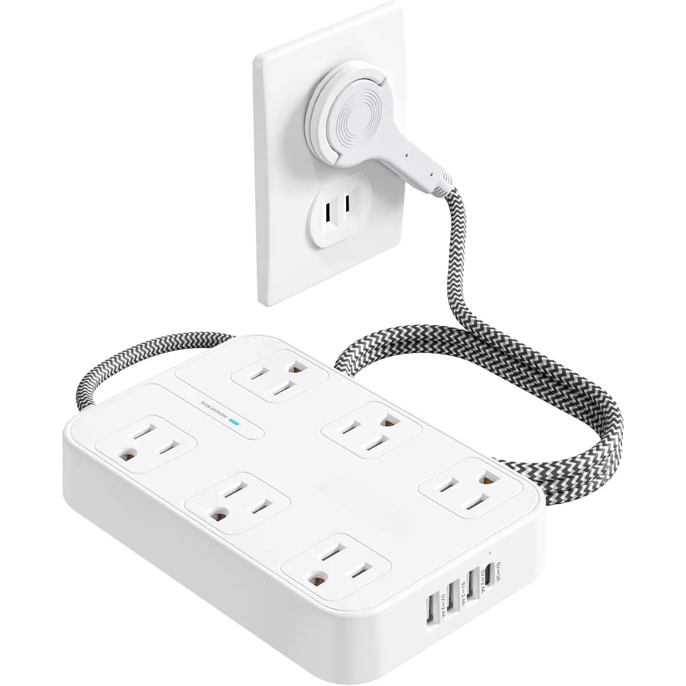 2 Prong Power Strip,2 Prong to 3 Prong Outlet Adapter,Two Prong Surge Protector, 6ft Braided Flat Plug Extension Cord, 6 AC & 4 USB (1 Type-C), Wall Mount for Non-Grounded Outlet
