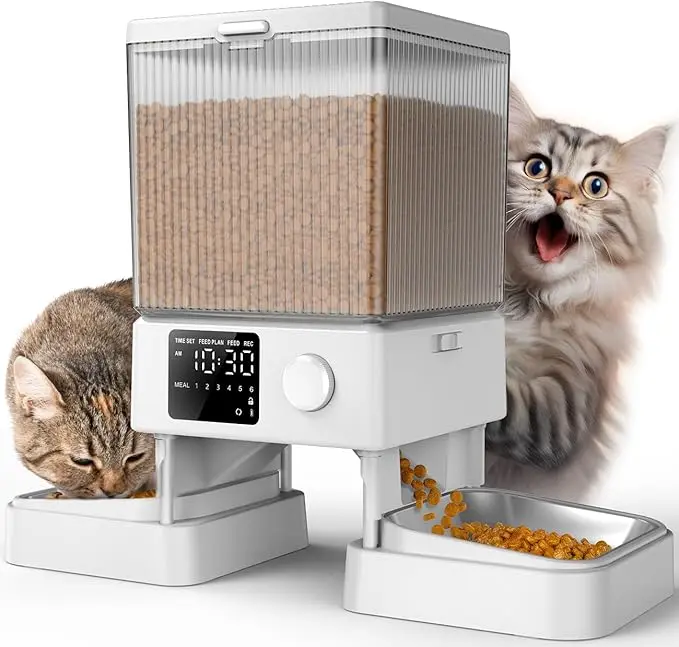 5L/20 Cup Programmable Automatic Feeder with Dual Bowl & Portion Control - Timed Dry Food Dispenser for 2 Indoor Cats & Small Pets
