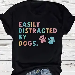 Women's Dog Paw Print Round Neck Graphic Tee, Casual Fashion Short Sleeve Fitted T-shirt for Summer, Women's Top for Daily Wear
