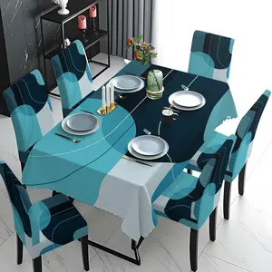 5/7 Pcs Abstract Geometric Teal Print Tablecloth & Chair Cover Set, Modern Minimalist Mid-Century Style, Stretch Removable Washable Dining Chair Slipcover, For Family Daily Dining, Holiday Gathering, Party Decor