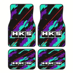 4pcs Crystal Fleece Car Floor Mats, Car Interior Accessory, Car Accessories, with HKS Logo & Colorful Print - Full Coverage Fit, Soft Durable Non-Slip Design for All-Season Protection, Vehicle Interior Upgrade, Eyecatching Pattern