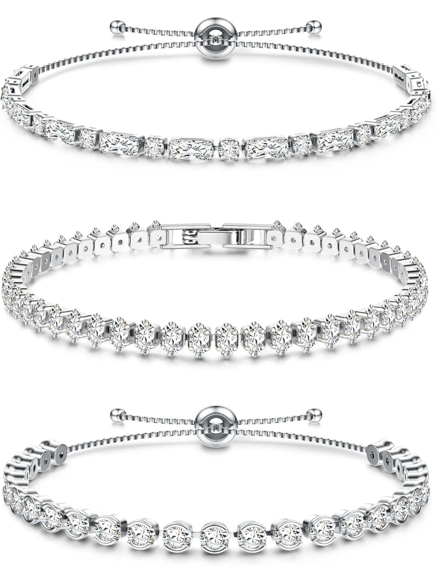 3 Pieces Silver Tennis Bracelet Stack for Womens Silver Bracelet Crystal Cubic Zirconia Bracelet Sparkle Diamond Bracelets Friendship for Gifts Jewellery Christmas Birthday Link Bracelet Type Fashion Bracelets Sparkling Zircons Bracelets