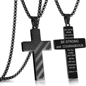 Men’s American Flag Cross Necklace – Stainless Steel Patriotic Pendant with Bible Verse, Silver/Black, Christian Gift for Birthday/Graduation/Christmas