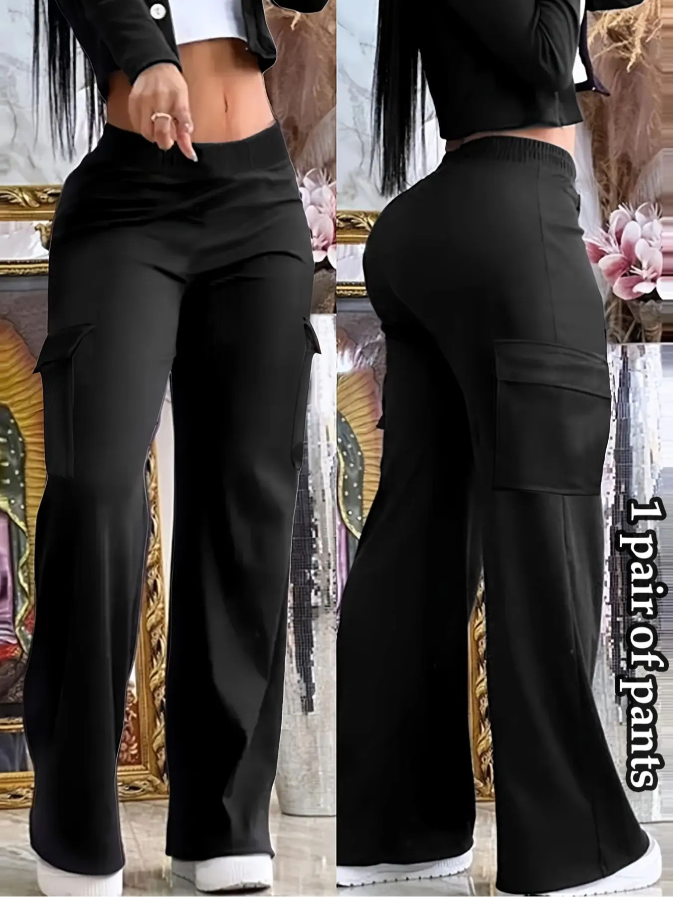Women's Basic Solid-Color Elastic Fabric Cargo Pants with Flap Pocket, Casual Street Comfy Trousers for Everyday Wear, Ladies Bottoms for Spring & Fall, Womenswear Fit