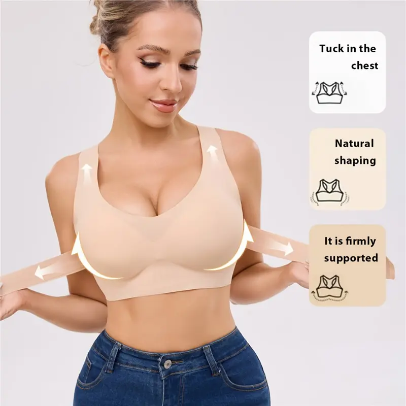 [Postural correction] Women's BeigeWireless Bra, Soft Breathable Non-removableMoulded Cups, Yoga Fitness Sportswear forGym & Daily Training