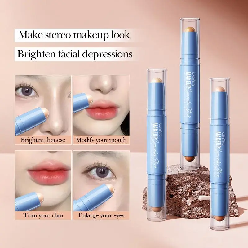 Dual-Ended Contour Stick with Bronzer and Concealer, Waterproof Highlighters Makeup for 3D Face Sculpting - Ivory White & Light Coffee