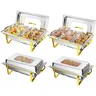 ROVSUN Chafing Dishes for Buffet 4 Pack, 9QT Chafing Dish with Multiple Food Pans Combo,Stainless Steel Buffet Servers and Warmers with Glass Lid & Folding Frame for Parties Weddings, Gold & Silver
