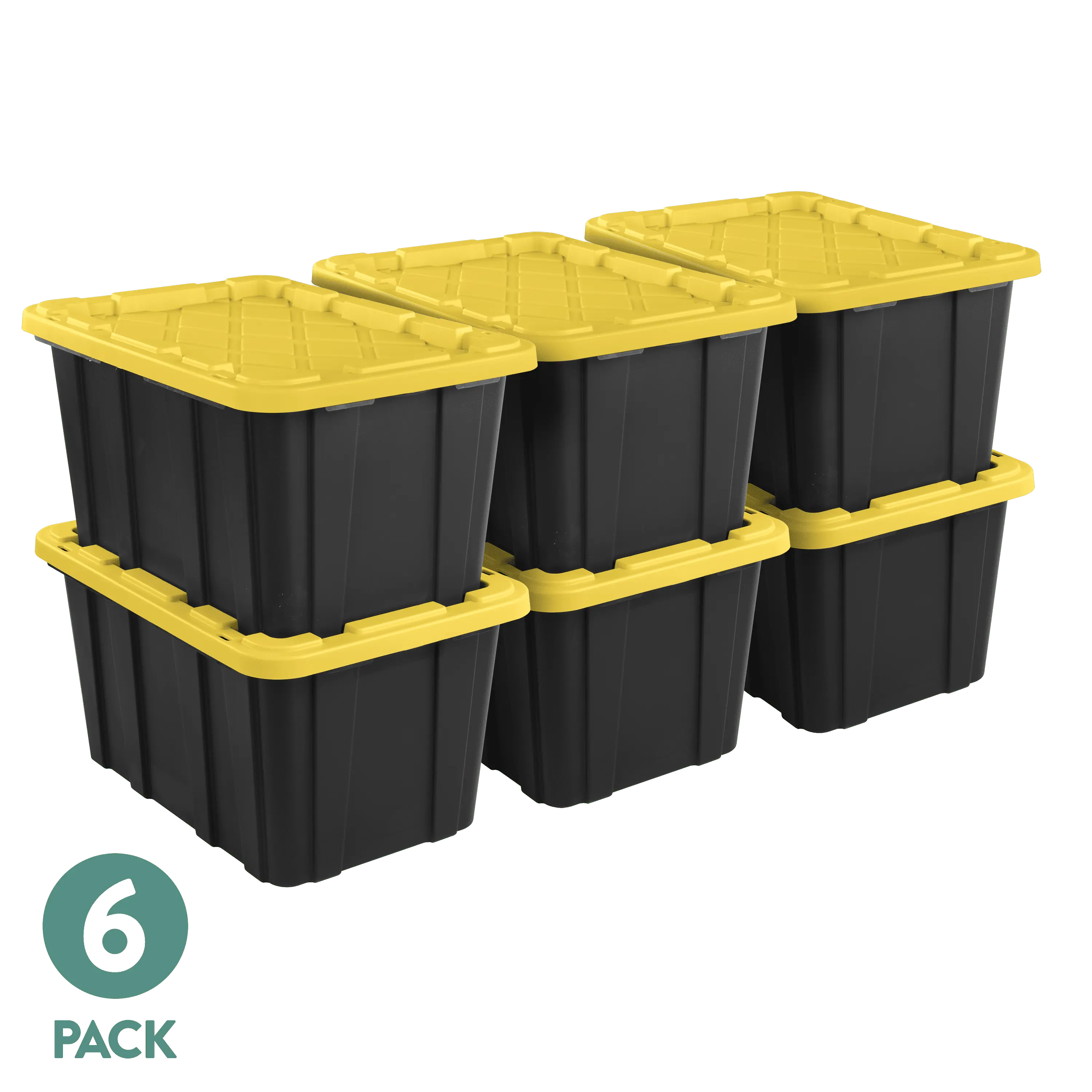 Sterilite 27-Gallon Large Durable Plastic Storage Bin with Snap-On Lid, Black and Yellow Home Organizer Storage Tote, 6-Pack