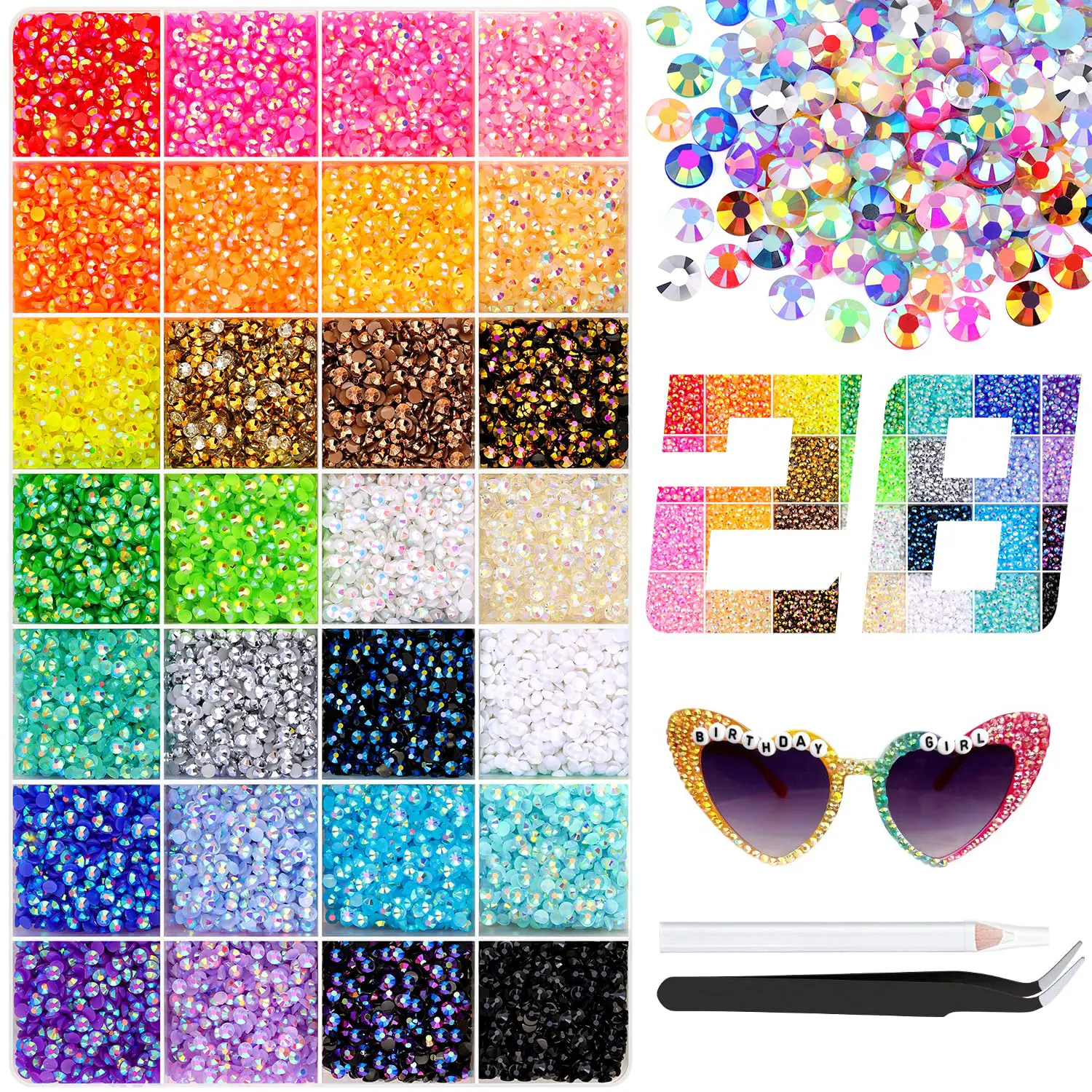 Flatback Bedazzling Kit - 34000 Pcs 3mm Resin Gems in 28 Colors, Sparkling AB Coated Bling Crystals for DIY Crafts & Nail Designs Ideas, Bling Rhinestone, Nail Art Decoration, Colorful Rhinestones, Fashionable Rhinestone Decorated, Elegant Rhinestone Deco