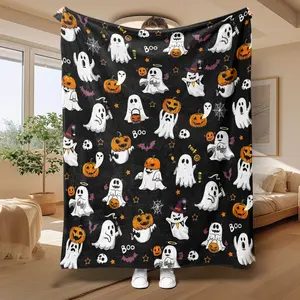 Halloween Ghost & Pumpkin Print Knit Blanket, Soft Polyester Flannel Throw Blanket, Festive Decor, All Seasons, Perfect Gift Idea, Contemporary Style
