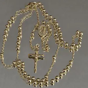 Religious med size 4mm bead crucifix rosary for catholic praying-14-inch long-copper gold plated not water resistant