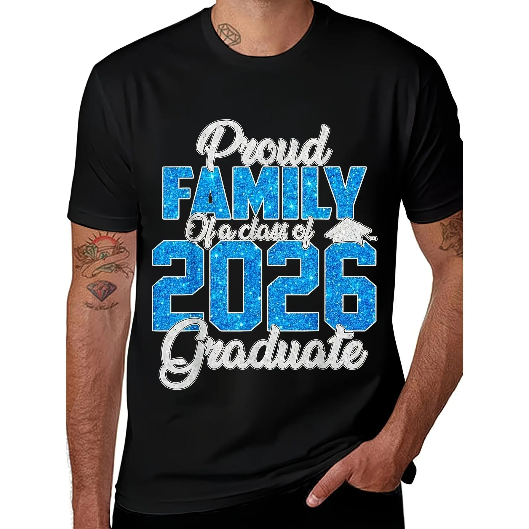 Men's 100% Cotton Round Neck Short-Sleeve Graphic Tee - Vintage, Bold Blue Lettering Black Casual, Loose Fit Breathable Soft, for Parents, Adult Sizes 2 (Unisex Design), Shortsleeve