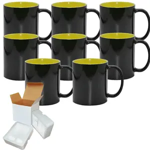 8-Pack Sublimation Color Changing Mug Set (11oz) with Yellow Interior | Heat Sensitive Mugs | Included Foam Support Mug Shipping Boxes